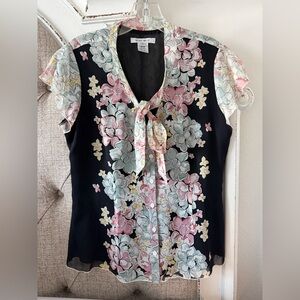 Nine West Black Floral Tie-Neck Cap Sleeve Blouse with Pastel Accents